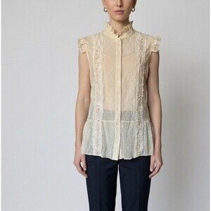 VTG Faded Glory Lace Ruffle Sheer Blouse Cream Boho Cottagecore Shirt L 12 14